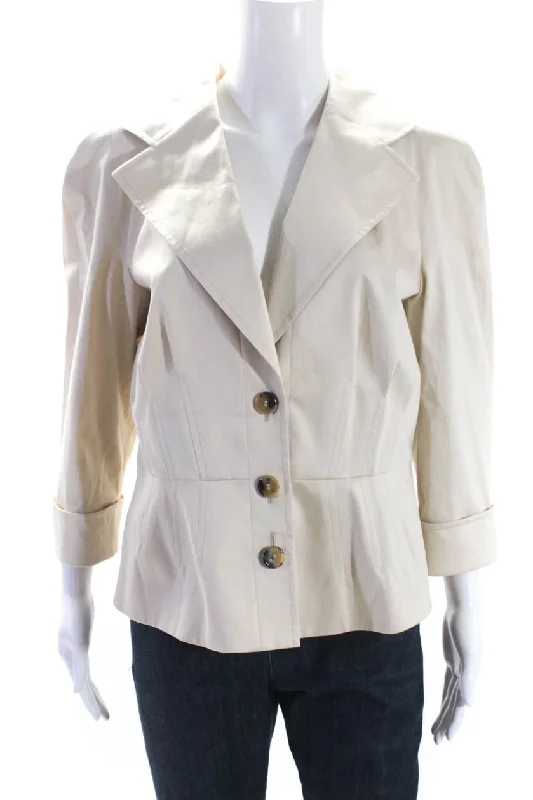 women's slim fit blazer -Escada Womens Button Down Belted Jacket Beige Cotton