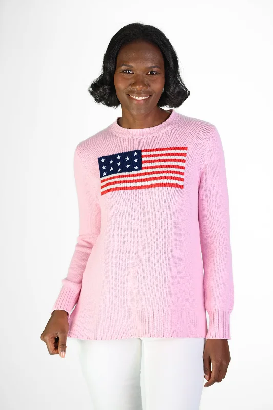 women's button-up shirt -Pink Casual Crew Flag Sweater