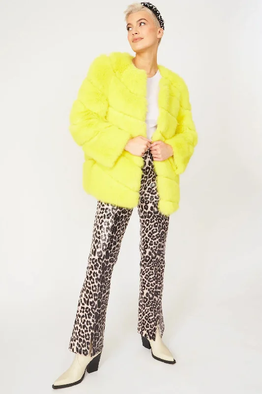 warm down coat for women -Gaga Faux Fur Striped Yellow Coat