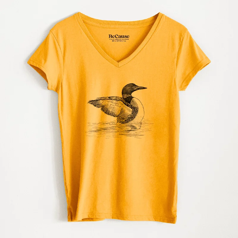 women's striped long sleeve shirt -Common Loon - Gavia immer - Women's 100% Recycled V-neck