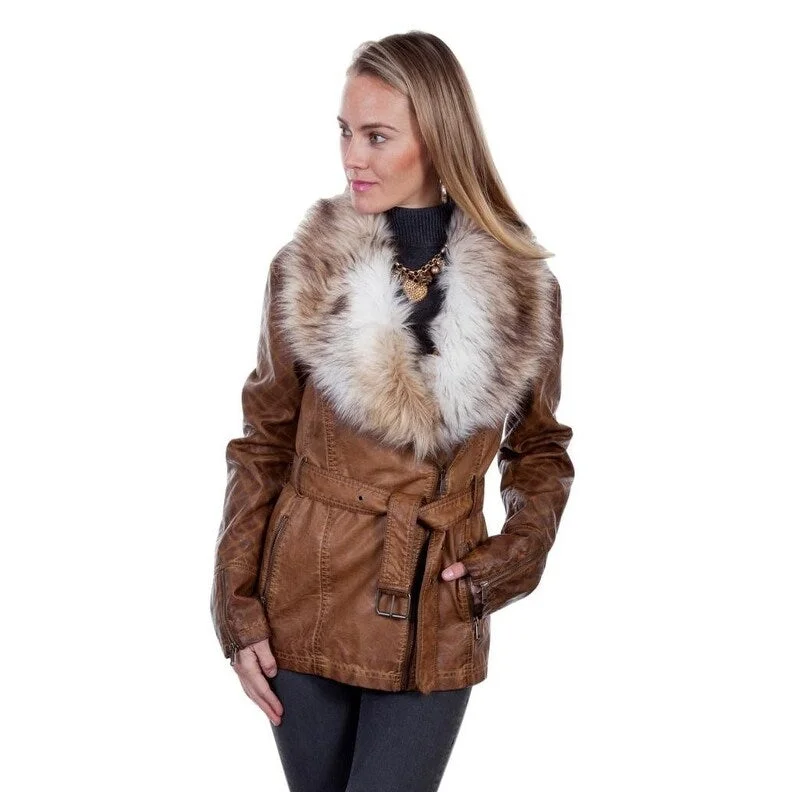 ladies' insulated ski jacket -Scully Western Jacket Womens Fax Fur Collar Front Zip Belt F0_8029