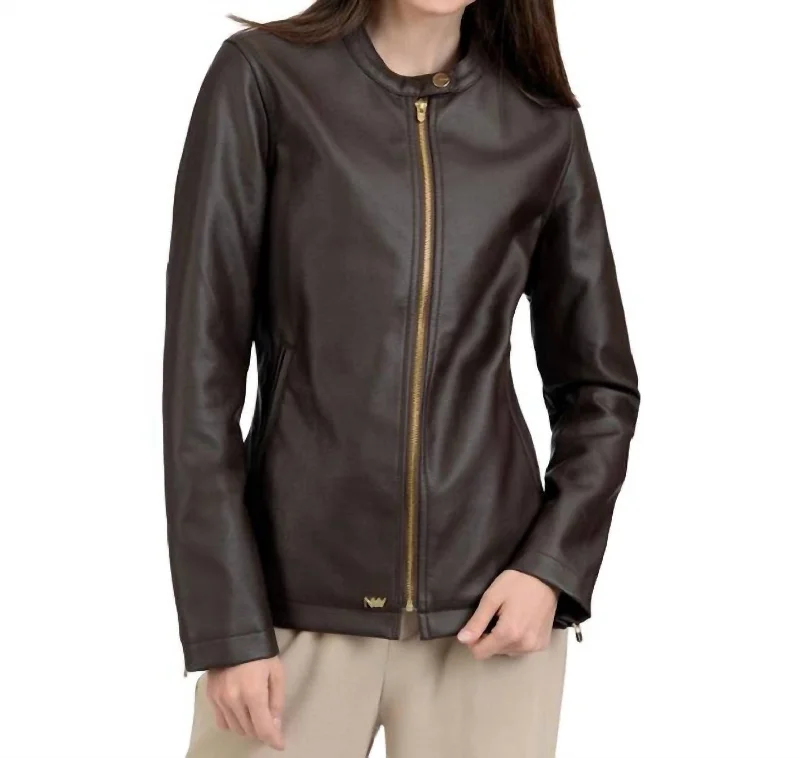 classic women's wool coat -Café Faux-Leather Racer Jacket In Brown