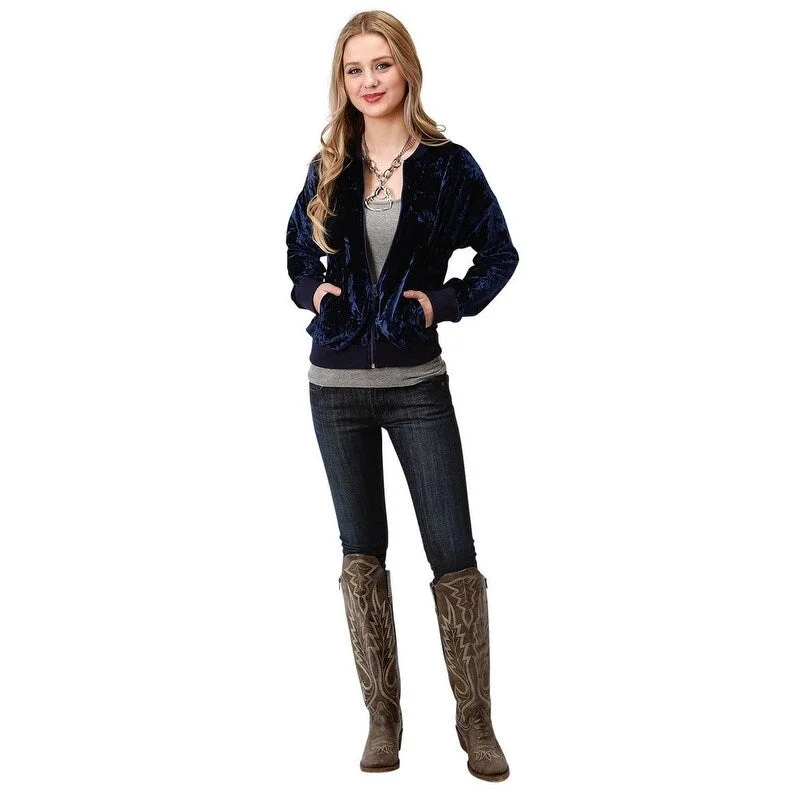 ladies' soft knit cardigan coat -Roper Western Jacket Womens Velvet Bomber Zip Navy 03-096-0539-0172 BU