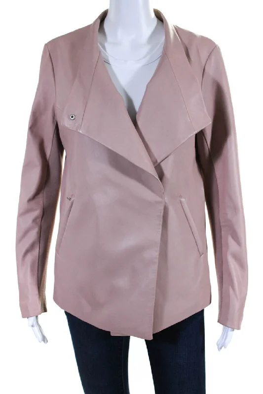 women's lightweight jacket -Mackage Womens Solid Pink V-Neck Front Pockets Long Sleeve Leather Jacket