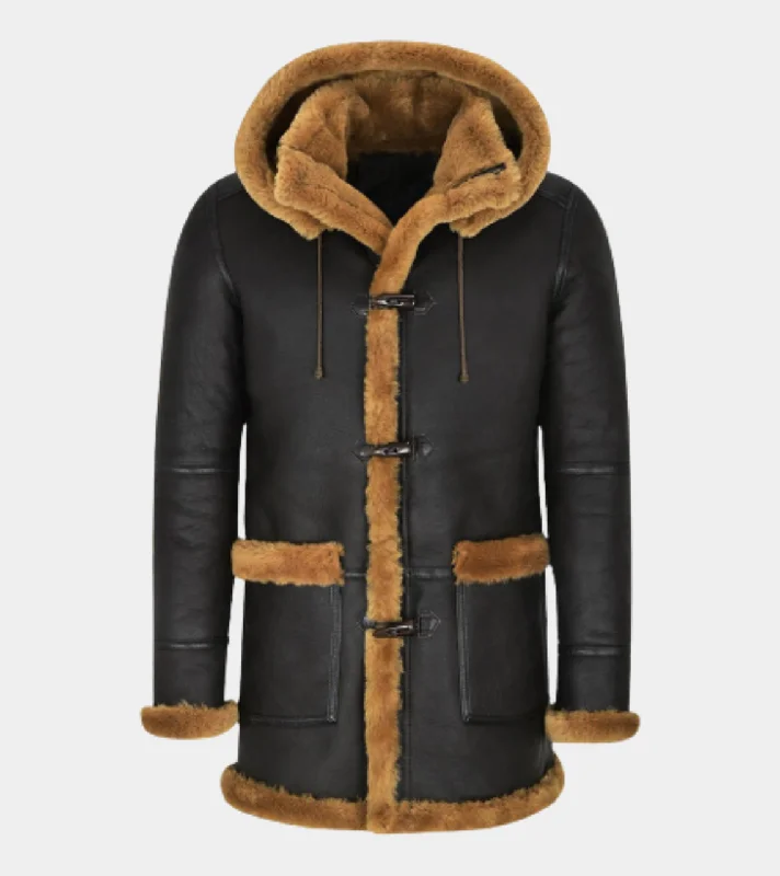 zip-up casual anorak jacket for women -Hooded Brown B3 Shearling Men's Leather Coat