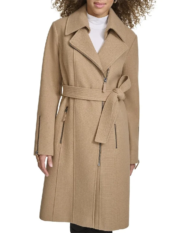 warm shearling coat for women -Kenneth Cole Tweed Belted Coat