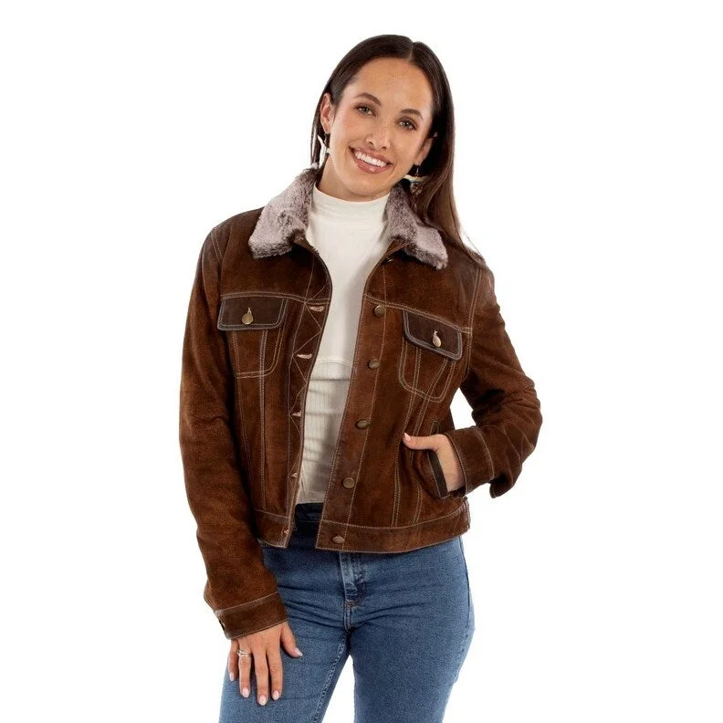 fashionable belted wool coat for women -Scully Western Jacket Womens Leather Faux Fur Collar Brown F0_L1145