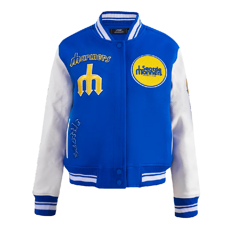 zip-up casual anorak jacket for women -MLB SEATTLE MARINERS RETRO CLASSIC WOMEN'S RIB WOOL VARSITY JACKET (ROYAL BLUE/WHITE)