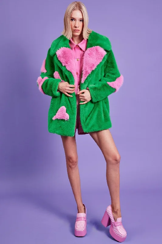 stylish leather jacket for women -Green Eco Bamboo Faux Fur Coat with Love Heart Detailing