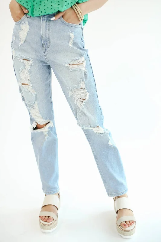 relaxed bootcut jeans for women -The Amelia Distressed Mom Jean In Light Wash