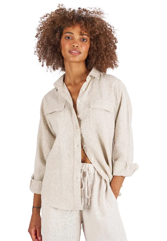 trendy tie-front crop top for ladies -Lete-Linen Natural Classic Linen Shirt With Pockets