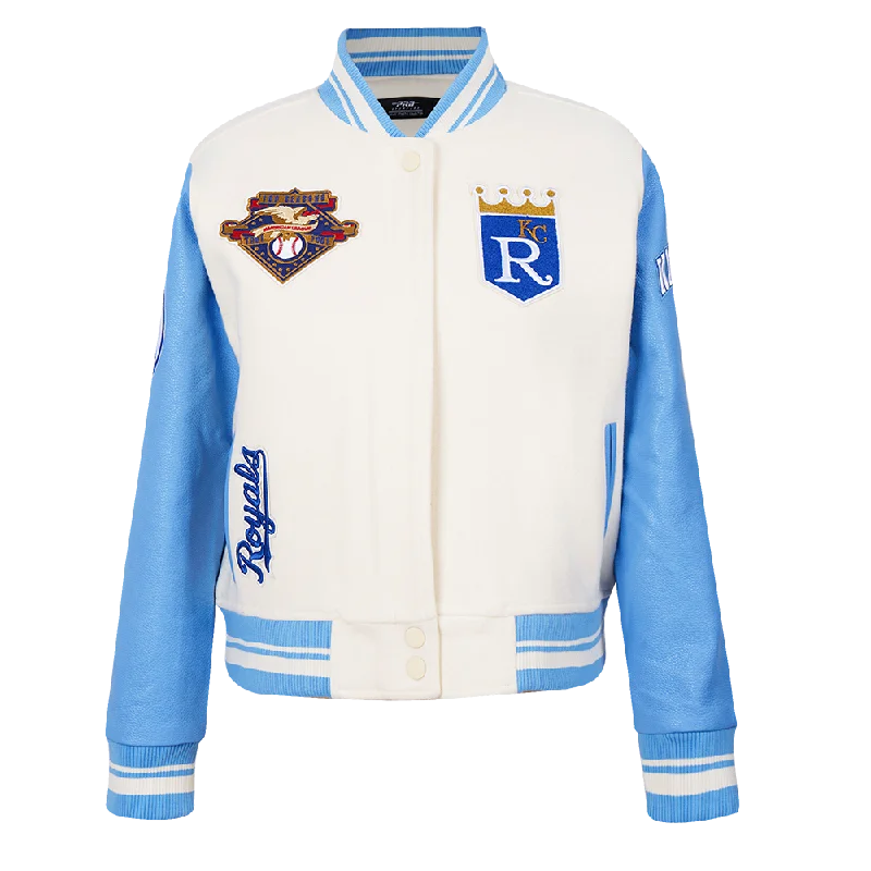 women's stylish blazer -MLB KANSAS CITY ROYALS RETRO CLASSIC WOMEN'S RIB WOOL VARSITY JACKET (EGGSHELL/ UNIVERSITY BLUE)