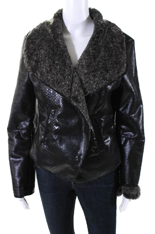 women's thermal long coat -Armani Collezioni Womens Black Reptile Print Faux Fur Lining Jacket