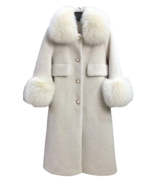 luxury designer winter coat for women -Loose Wool Coat With Fur And Pearl Trims