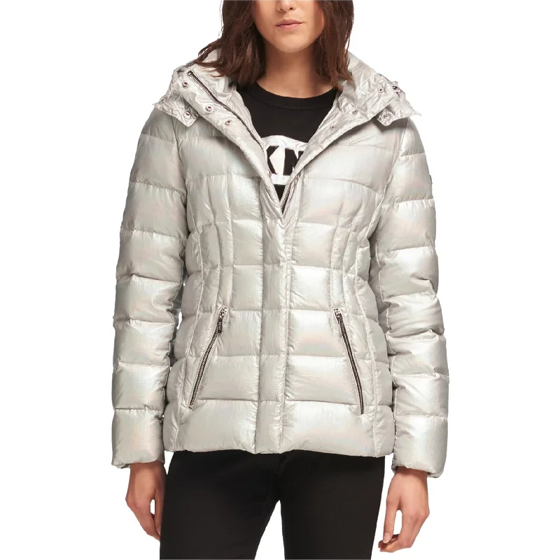 luxury faux fur coat for women -DKNY Womens Metallic Puffer Jacket, Metallic, Small