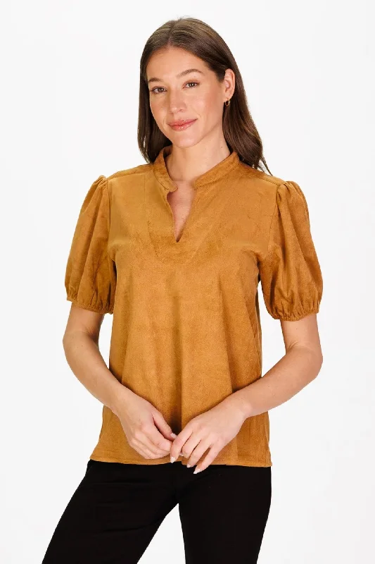 elegant long tunic top for women -Brooke Top in Brown Stretch Suede