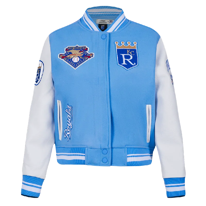 winter parka for women -MLB KANSAS CITY ROYALS RETRO CLASSIC WOMEN'S RIB WOOL VARSITY JACKET (UNIVERSITY BLUE/WHITE)