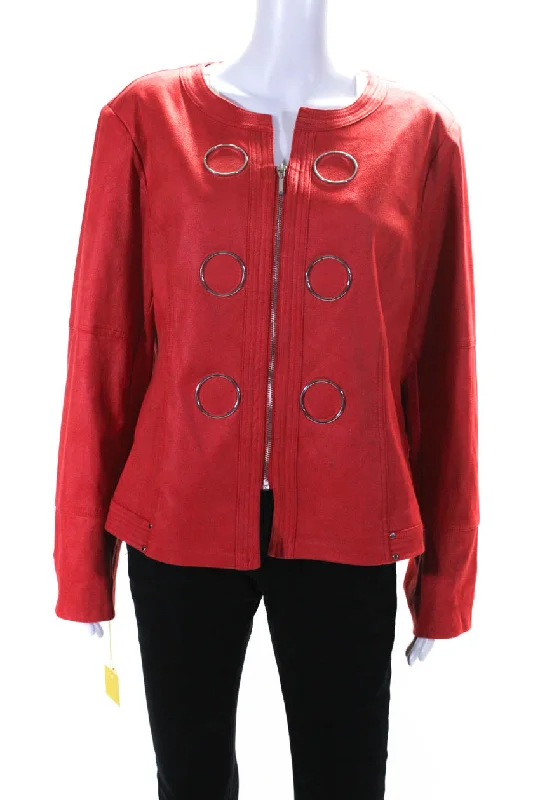 cropped faux leather jacket for women -Insight Women's Round Neck Long Full Zip Jacket Red