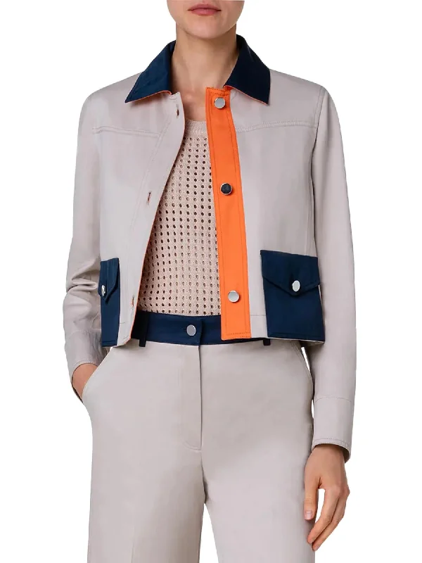 stylish longline coat for women -Collared Jean Jacket In Beige/navy/orange