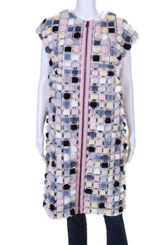 women's long trench coat -Fendi Womens Sleeveless Leather Trim Jeweled Fur Zipper Vest Pink