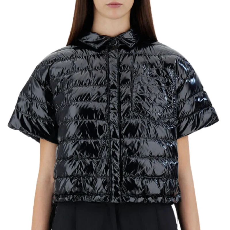 waterproof windproof raincoat for women -Gloss Short Sleeve Bomber Jacket In Black