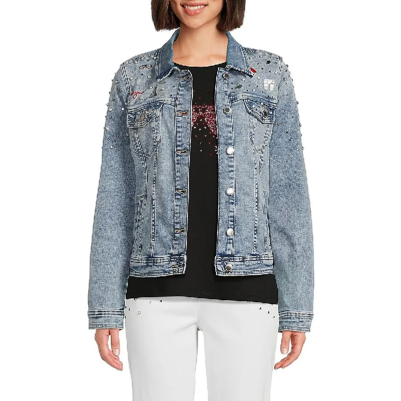 fashionable belted wool coat for women -Karl Lagerfeld Womens Embellished Long Sleeve Denim Jacket