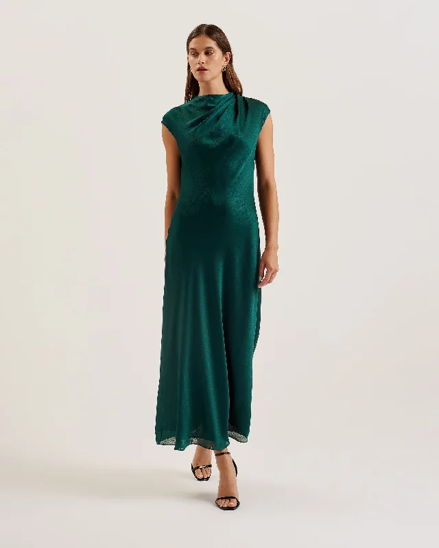 trendy plaid coat for women -Rimini Draped Neck Detail Midi Dress Dk-Green