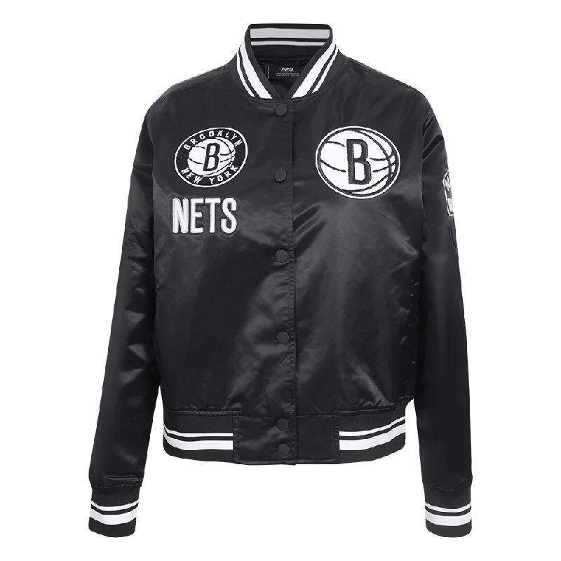 women's teddy bear coat -NBA BROOKLYN NETS RETRO CLASSIC WOMEN'S RIB SATIN JACKET (BLACK)