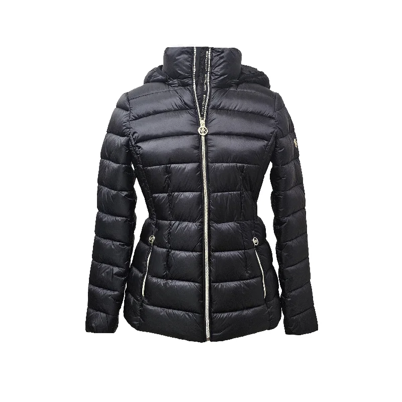 ladies' designer overcoat -Michael Michael Kors Women's Black Hooded Packable Coat Jacket