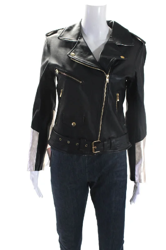 women's hooded winter jacket -Alice Balas Womens Metallic Studded Leather Jacket Black Champagne