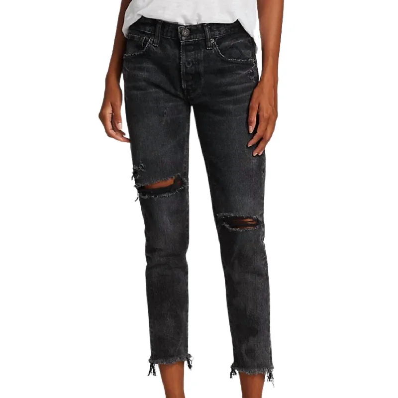 women's chic high-rise jeans -Bettie Distressed Tapered Jeans In Black