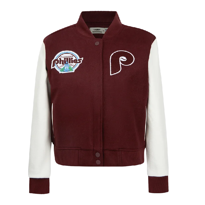 women's thermal long coat -MLB PHILADELPHIA PHILLIES RETRO CLASSIC WOMEN'S WOOL VARSITY JACKET (WINE/WHITE)