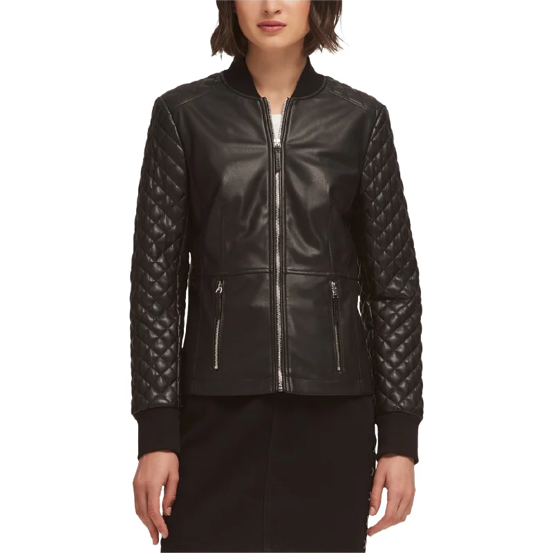 elegant long coat for women -DKNY Womens Faux Leather Quilted Jacket, Black, X-Small