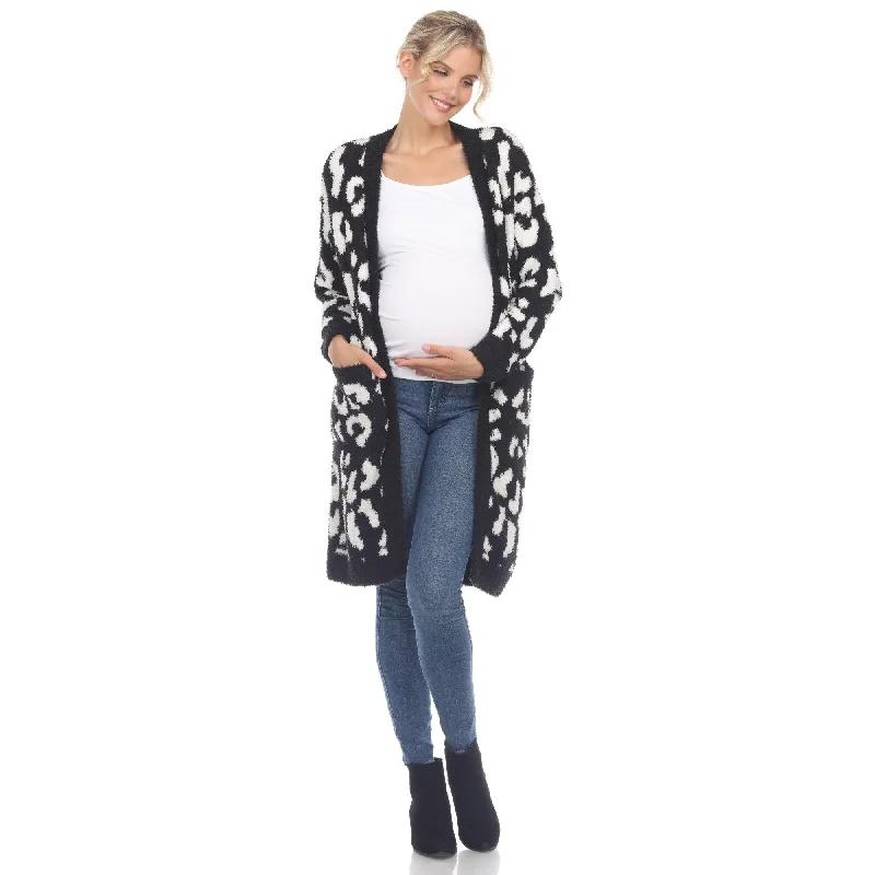 women's fur-trimmed parka -White Mark Maternity Leopard Print Sherpa Coat Open Front Cardigan S3X