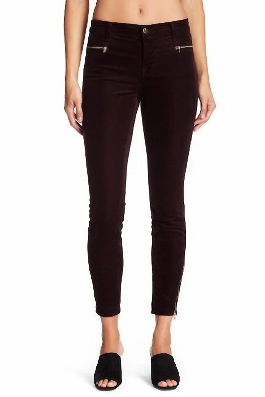 women's chic raw-hem jeans -Iselin Burgundy Gold Ankle Zip Corduroy Stretch Jeans In Dark Burgundy