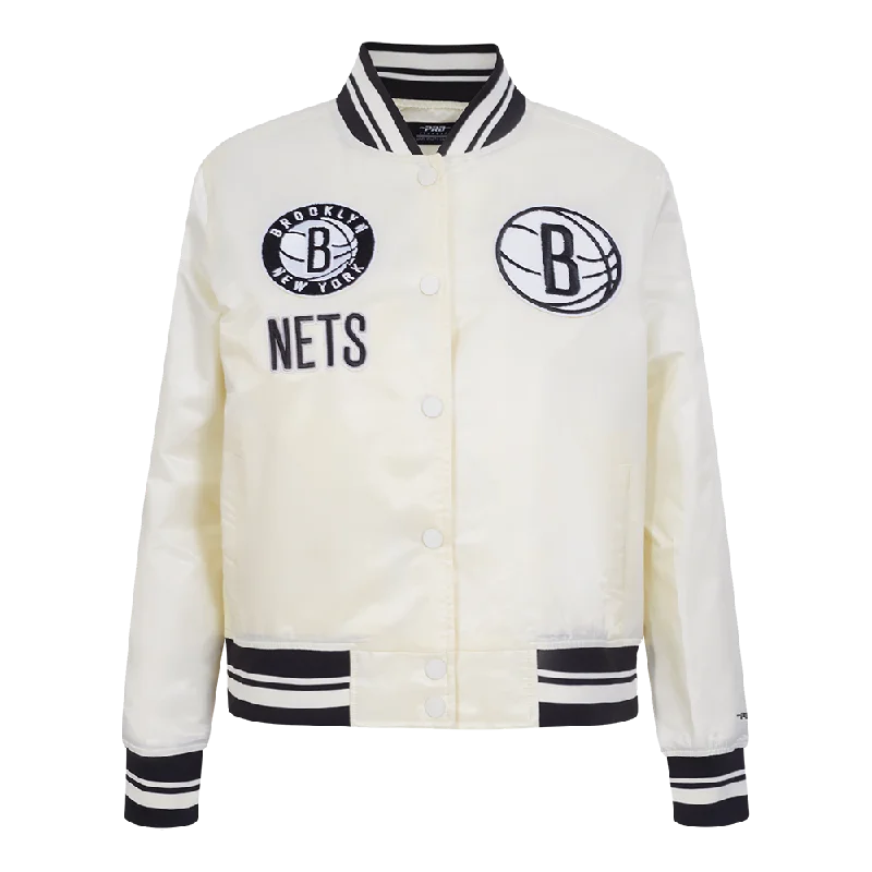 women's slim fit blazer -NBA BROOKLYN NETS RETRO CLASSIC WOMEN'S RIB SATIN JACKET (EGGSHELL/ BLACK)