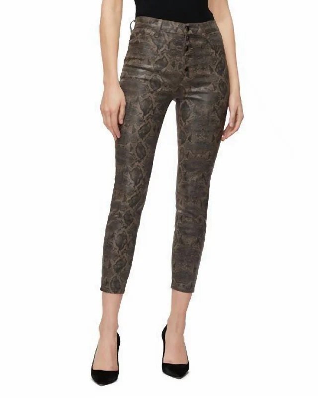 high-rise distressed jeans for women -Lillie High Rise Snake Print Skinny Coated Crop Jeans In Coated Boa