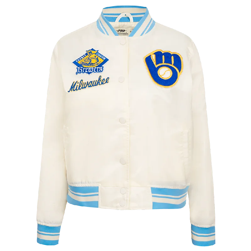 casual zip-up hoodie jacket for women -MLB MILWAUKEE BREWERS RETRO CLASSIC WOMEN'S RIB SATIN JACKET (EGGSHELL/ UNIVERSITY BLUE)