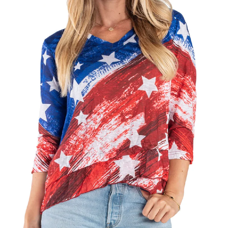 chic asymmetrical top for women -Women's Water Color Stars and Stripes 3/4 Sleeve Criss Cross Top