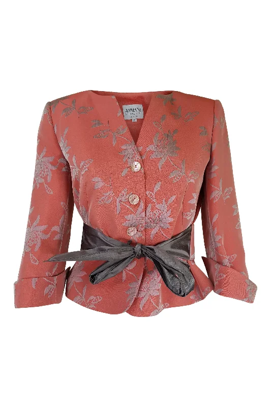 warm alpaca wool coat for ladies -ARMANI Collezioni Silk Blend Pink Floral Print Jacket (6)