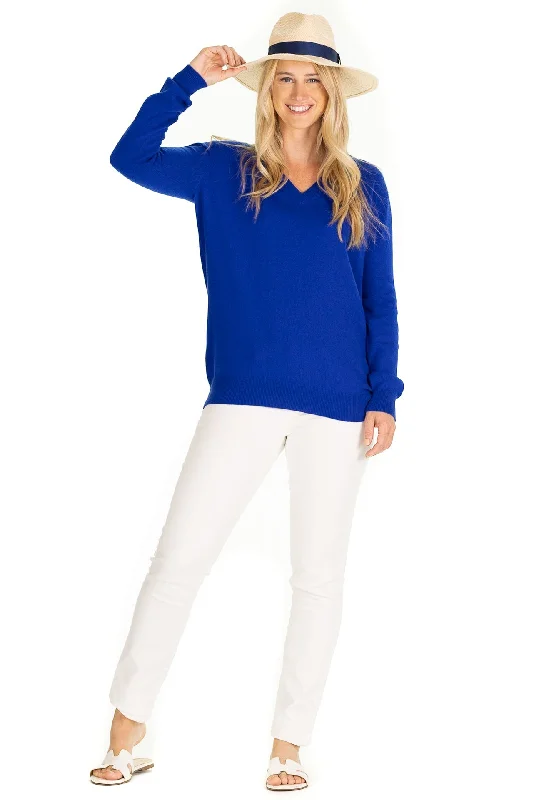 women's breathable linen tunic -The Everyday 100% Cashmere V-Neck in Regatta Blue