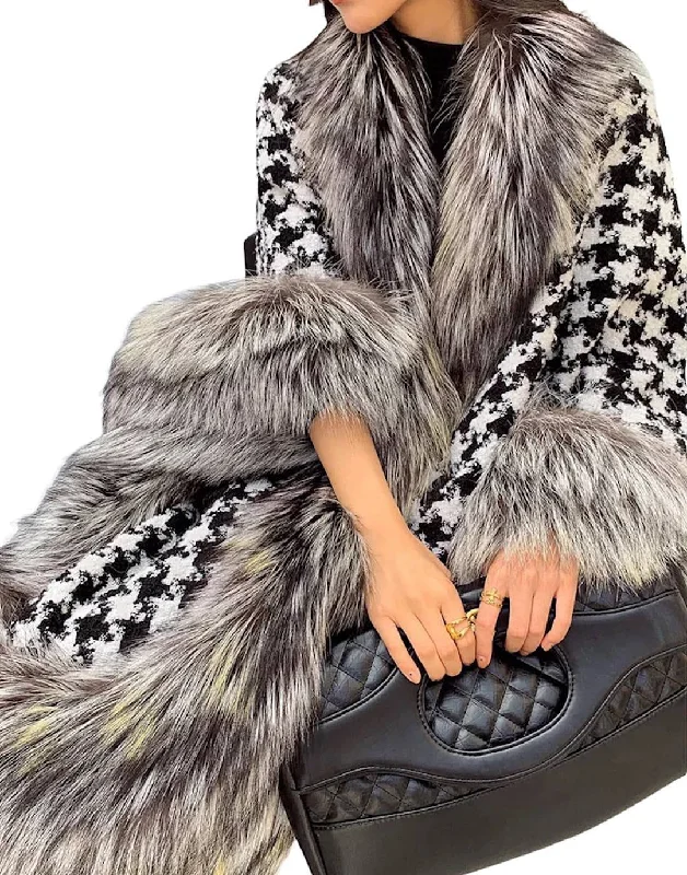 women's winter coat -Wool Fox Fur Trimmed Houndstooth Poncho