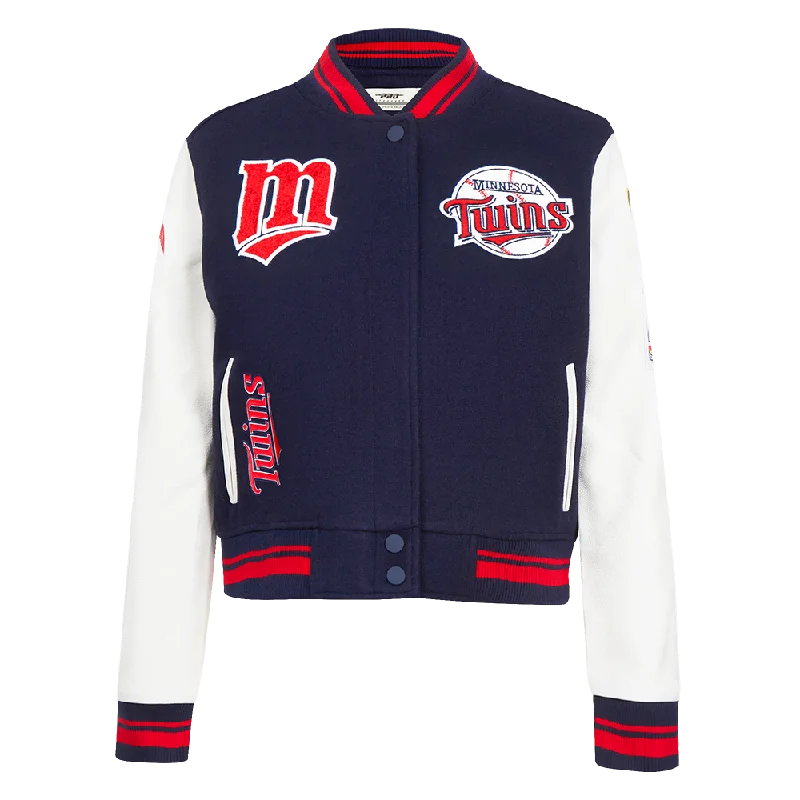 winter parka for women -MLB MINNESOTA TWINS RETRO CLASSIC WOMEN'S RIB WOOL VARSITY JACKET (MIDNIGHT NAVY/RED/MIDNIGHT NAVY)