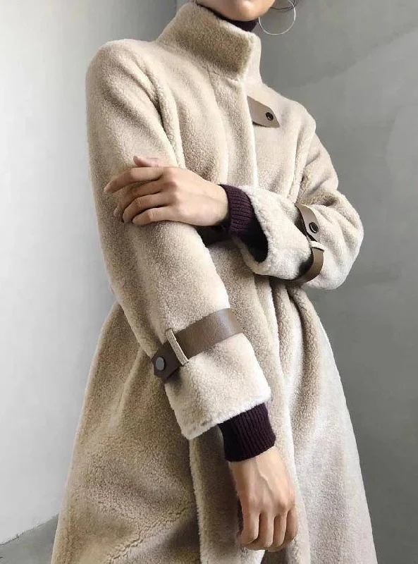 warm padded coat for women -Lamb Wool Genuine Sheep Shearing Fur Belted Teddy Coat