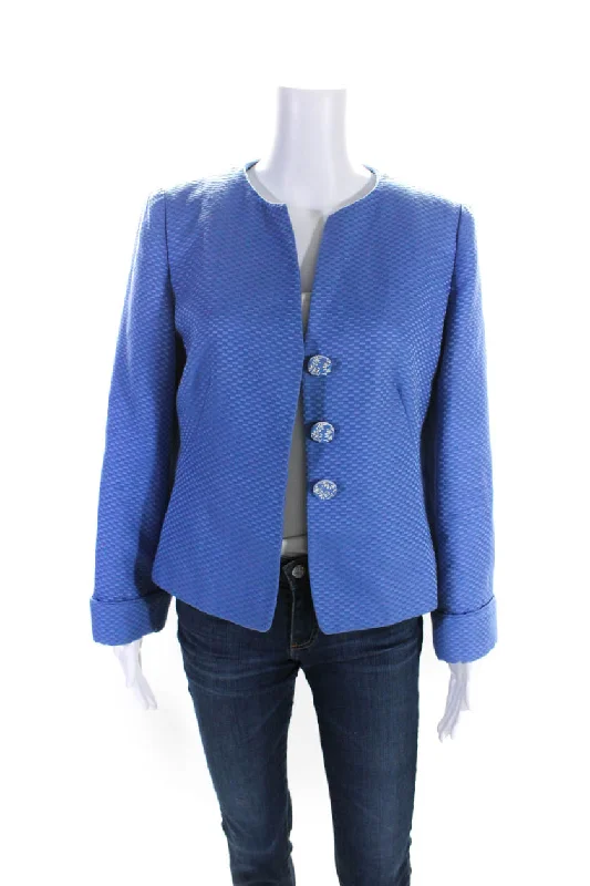 ladies' fur-lined jacket -Armani Collezioni Womens Satin Jacquard Button Up Jacket Light Blue