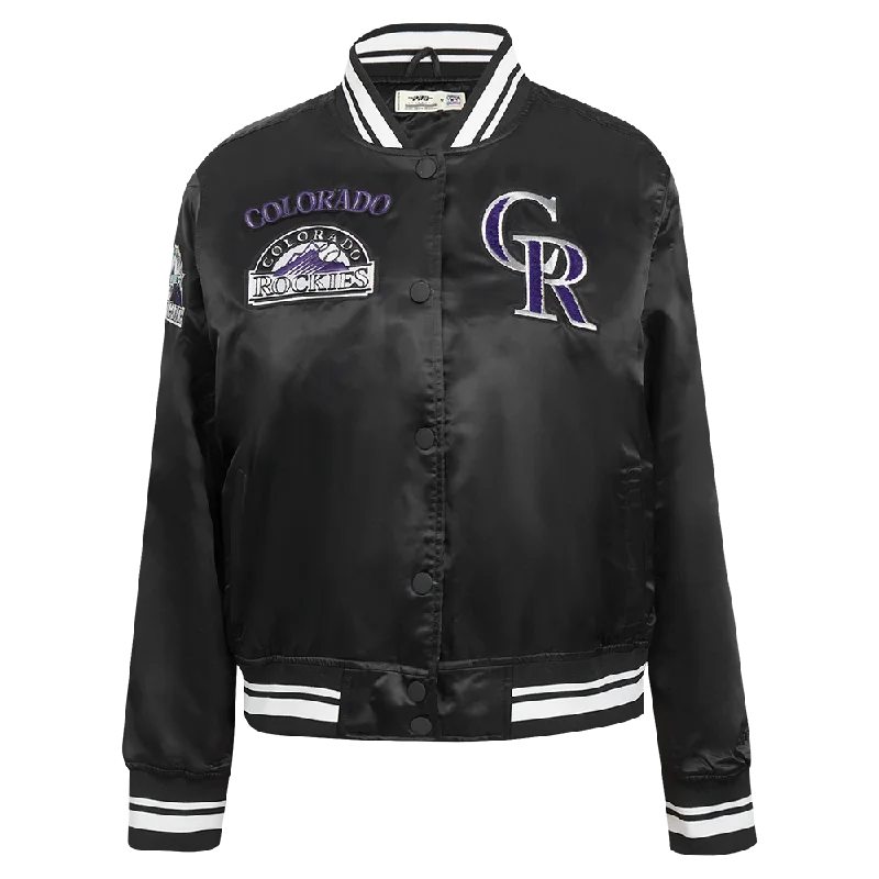 cropped wool blazer for women -MLB COLORADO ROCKIES RETRO CLASSIC WOMEN'S RIB SATIN JACKET (BLACK)