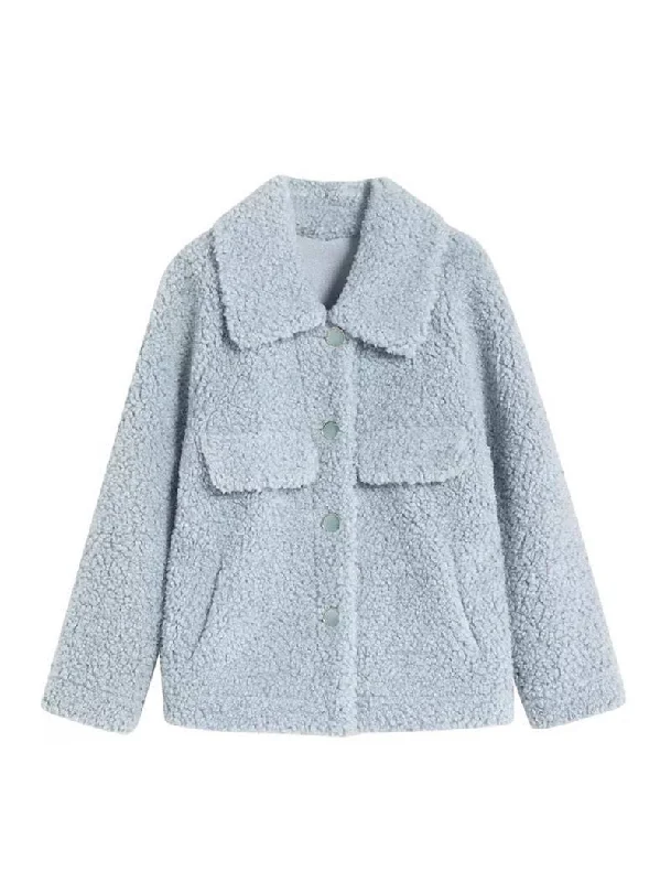 ladies' quilted coat -Faux Fur Teddy Side Flapped Outerwear Coat