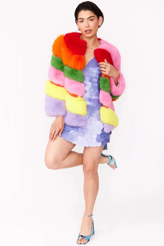 women's hooded winter jacket -Gaga Faux Fur Striped Rainbow Coat