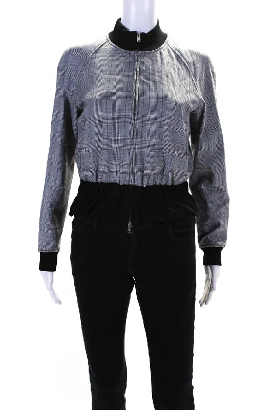 ladies' soft knit cardigan coat -3.1 Phillip Lim Womens Houndstooth Striped Zipped Ruched Jacket Black