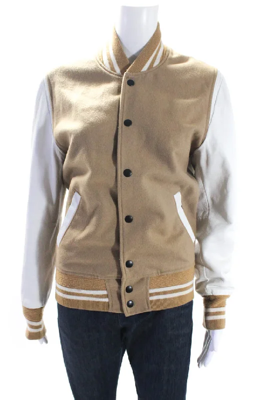 casual coats for women -John Elliott Women's Long Sleeves Button Up Pockets Bomber Jacket Beige